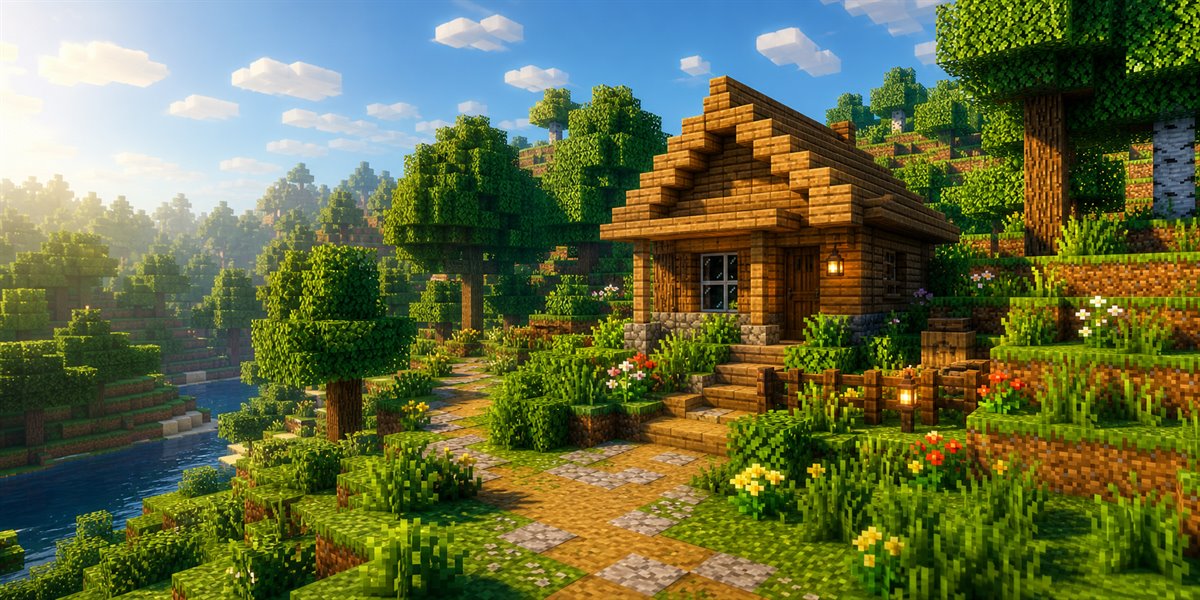 Helle Minecraft Survival-Landschaft als Motiv für das Paket Minecraft Basic